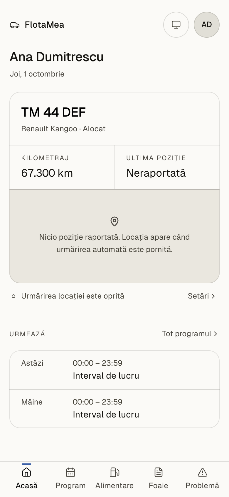 Portalul șoferului pe telefon: vehiculul alocat și programul
