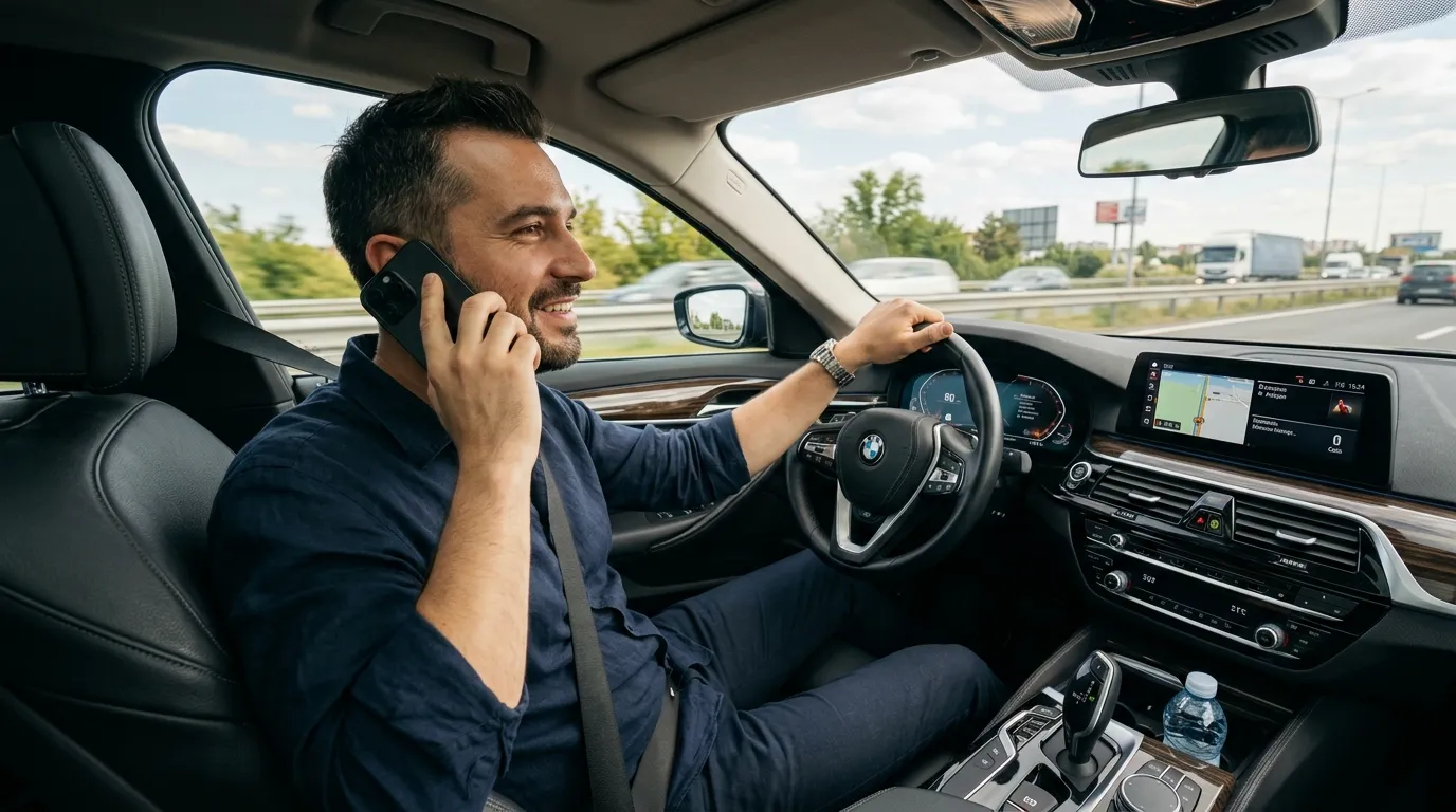 Șofer lângă vehiculul de serviciu